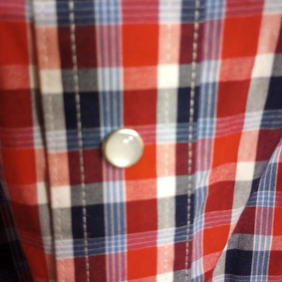 Vintage Wrangler Shirt Men's Pearl Snap XXL Red White Blue Short Sleeve Western - Picture 6 of 8